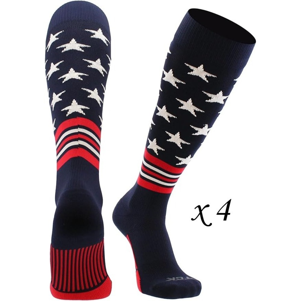 LOT: 4‎ Pairs TCK USA American Flag Stars & Stripes Baseball Socks - Size Large